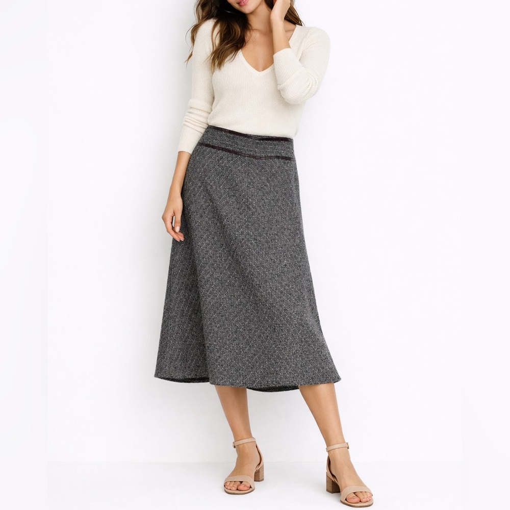 Wool Tweed OLSEN EUROPE Grey A Line Skirt Faux Croc Trim Lined Academia Prep 10